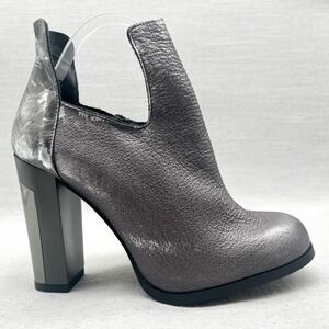 Miista Womens 39/ 9 Ciara Open Boots Silver Leather Metallic Block Heels‎ Bootie